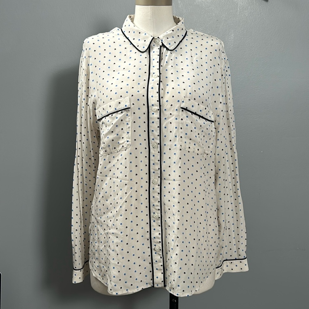 Ann Taylor Polka Dot Cream Navy Long Sleeve Collared Silk Shirt size XL